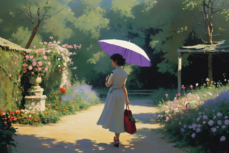 a woman holding an umbrella，in monet&#39;s garden（（on the path））walk，real people，brightly colored flowers are everywhere，a long ...