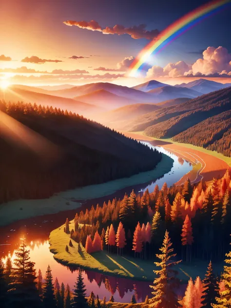 Breathtaking scene of a rainbow appearing over forest, a setting sun casting warm hues across the horizon, ultra-detailed representation, high quality rendering in 8k resolution.