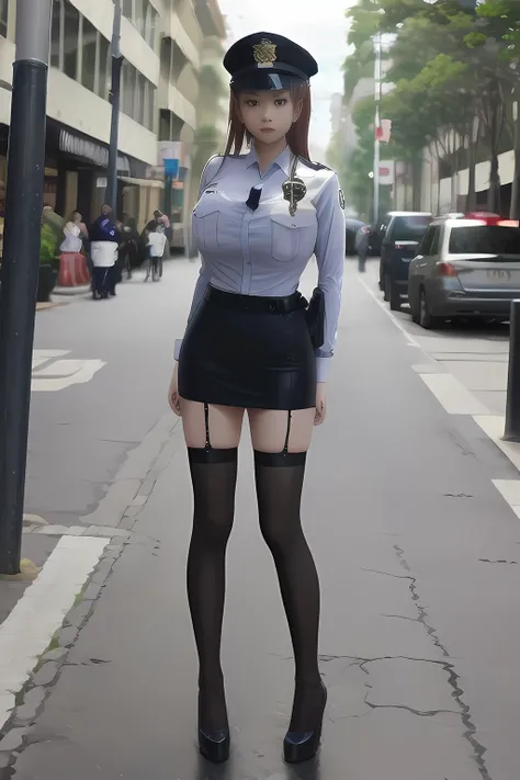 masterpiece, best quality, very aesthetic, absurdres, full body shot,(police costume:1.3), (button gap:0), police skirt, police cap, stockings with garter, on the crowed street, 1girl, misaka mikoto, toaru majutsu no index