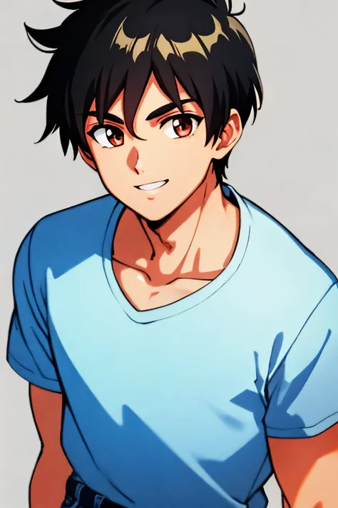 masterpiece, best quality, cel shaded, bright colors, 1boy, solo, male focus, teenage boy, short black hair, brown eyes, youthful smile, healthy complexion, muscular frame, black muscle shirt, blue jeans, looking at viewer, staring straight ahead, upper bo...