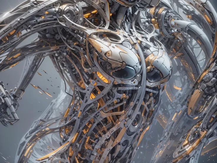 A detailed view of a human torso seamlessly integrated with engine parts, where muscle fibers merge into metallic components and pistons. The image captures the torso in a state of motion, with mechanical parts visible beneath a translucent layer of skin. ...