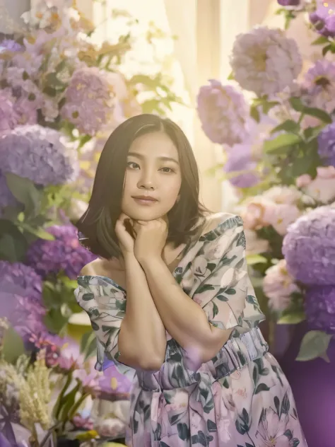 il y a une femme qui pose pour une photo dans une robe à fleurs, demain frère tran, xin tong chen, la joie, nivanh chanthara, yu...