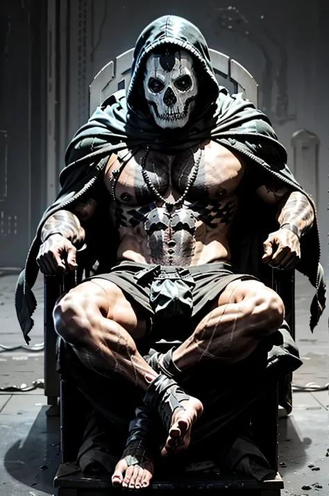 shirtless, body hair, hood, gh0st, sitting on a king's throne, showing feet, black shorts, body tattoo, strong feet, no clothes,...