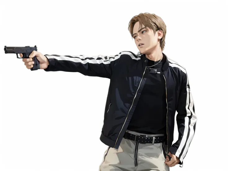 arafed man in a black jacket holding a gun and aiming at it, jung jaehyun, con pistola, fanart de alta calidad, cai xu kun, pose...