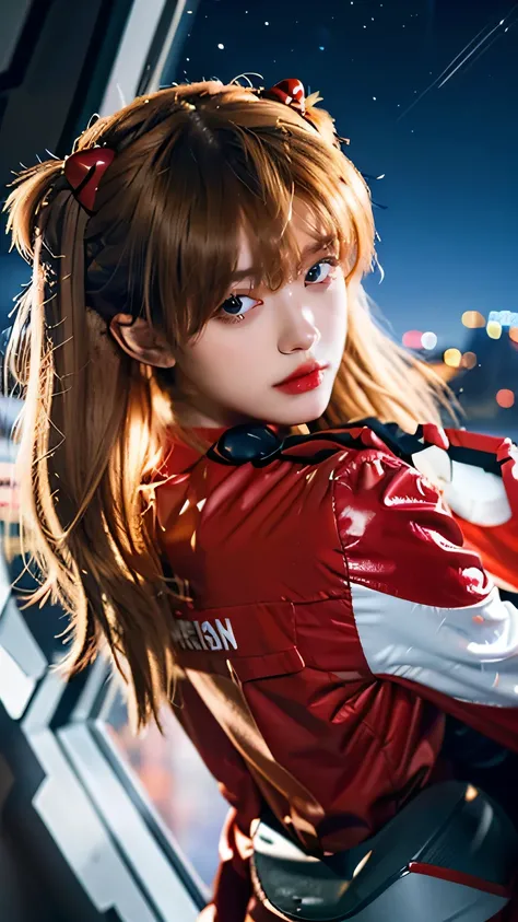 (top view),Dynamic angle,Super detailed, illustration, bust, direct, 1 girl, 
 ((Soryu Asuka Langley, interface headphone, red jumpsuit:1.4, Blonde)),Her eyes shone like fantastic stars,(glowing eyes:1.233),(Beautiful and delicate eyes:1.1),(Poker face,Kee...