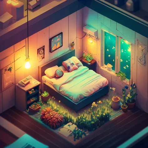 a room with a bed and a desk in it, a low poly render, inspired by Cyril Rolando, pixel art, beautiful isometric garden, underwater in the ocean at night, small and cosy student bedroom, inside a childs bedroom, organic isometric design, portfolio illustra...