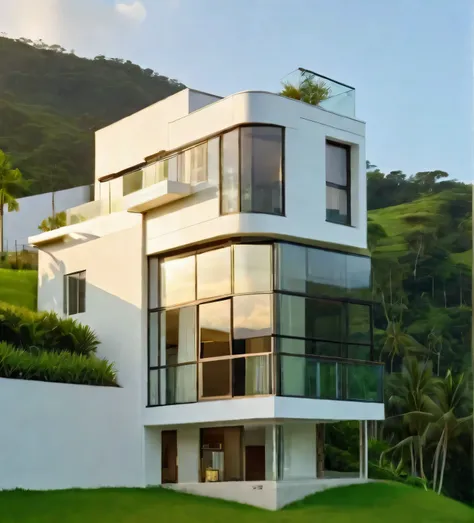 in the morning, sunrise, contemporary house exterior, beige and white mix together, glass door and window, large span balcony, on grassland, hillside, tropical landscape, masterpiece, high quality, ultra hd,