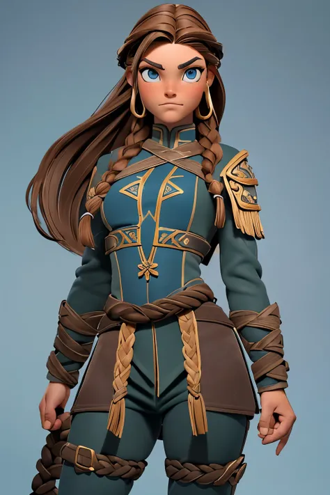 (Obra maestra, La mejor calidad) (young warrior woman of nordic descent), (Age 18 years) (cuerpo completo) (ojos verdes), (Muscular), (falda de piel), (brown hair color),(loose hair with small braids on the scalp), (top con correa de cuero) plumas, (azul, ...