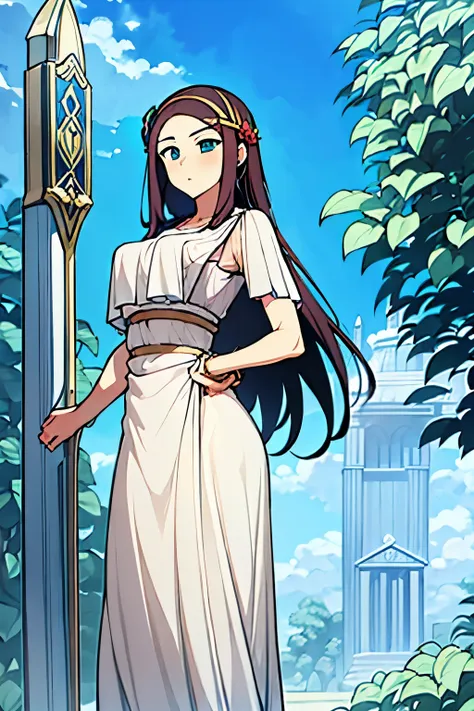 (masterpiece, best quality:1.2), 1 girl, brunette hair, forbidden maiden, outdoor, blue eyes, holding golden lance