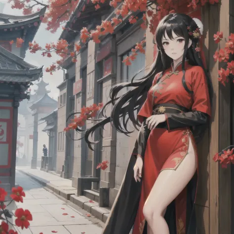 wearing a red and black dress、anime girl with red flowers in her hair, guweiz style artwork, guweiz, chinese girl, popular topic...