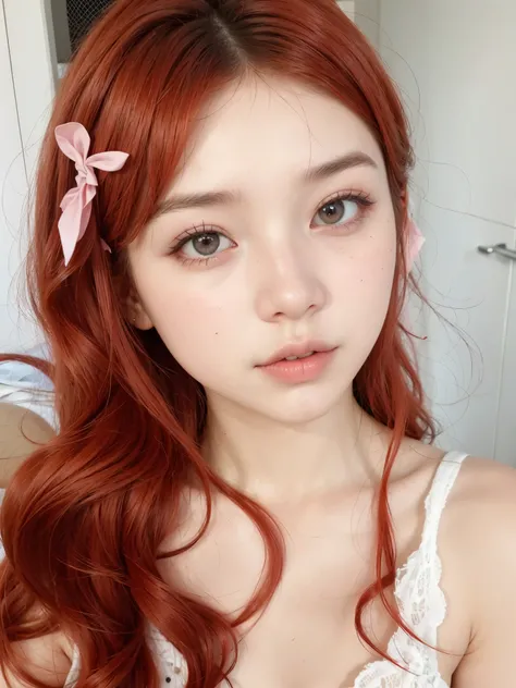 un primer plano de una mujer con cabello rojo y un lazo rosa, retrato realista kawaii, maquillaje popular de corea del sur, maquillaje coreano popular, ulzzang, bella delfina, chica anime en la vida real, linda cara de anime natural, linda chica kawaii, me...