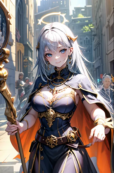 Idol style，Succubus，baby， Advanced art style，works of masters，16K，HD，Scary smile，silver hair，noble，Mink scarf，crutch，full-body shot，golden light，Advanced Cape，necklace，belt，shy，halo，Sexy figure，Lower chest，holy light，Film light and shadow，Domineering，King，...