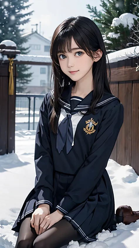 (((masterpiece))),((top quality)),one beautiful girl,bangs、(black sailor uniform:1.5)、(black pantyhose)、(dark brown loafers)、sno...