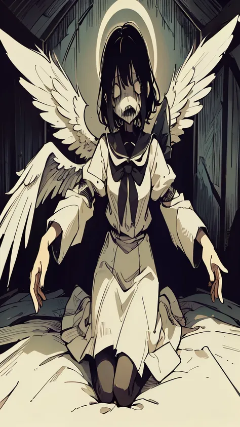 Simple, creepy, simple background, horror, horror character, one person, full body, scary, angel, scary angel, creepy angel, horror angel, angel wings, wings