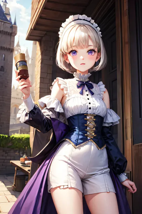 hazel white short hair bob style, violet eyes, cute face girl, victorian party dress, ai characters, castle background