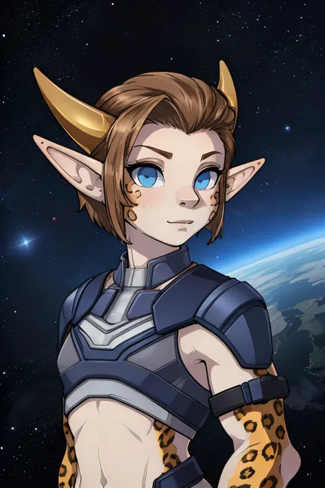 (cute elf tomboy), space station background, thin body, slim, fit, very short hair, dark blonde hair, (slicked back hair, forehe...