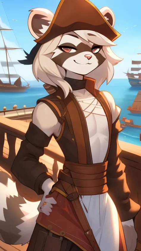 Best quality, Super detailed illustration, (furry ferret boy:1.4) , feminine face and body, disheveled thick hair, pirate clothes, smug smile, half-closed eyes , against the background of the harbor ,femboy ,small waist, wide hips, slim, perfect body, styl...