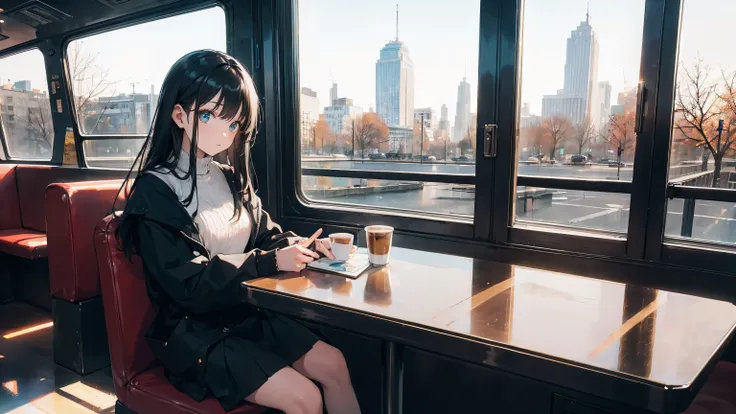 sit,one girl,beautiful,shiny,coffee,reading,glass,Beautiful，Literature and Art，girl，White，jk，long black hair，window，Afternoon，cafes，There are one or two pedestrians，It was quiet，Outside the window is the park in the afternoon approaching dusk
