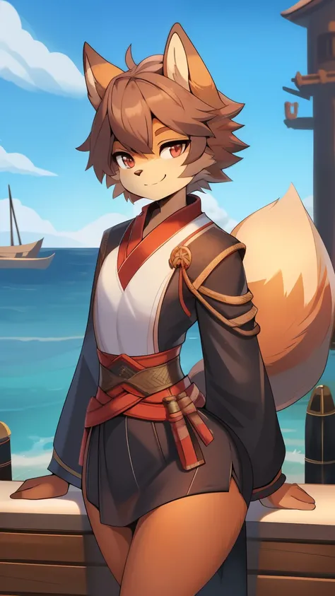 Best quality, Super detailed illustration, (fluffy squirrel boy:1.4) , feminine face and body, disheveled thick hair, Samurai Equipment,  smug smile, half-closed eyes , against the background of the harbor ,femboy ,small waist, wide hips, slim, perfect bod...