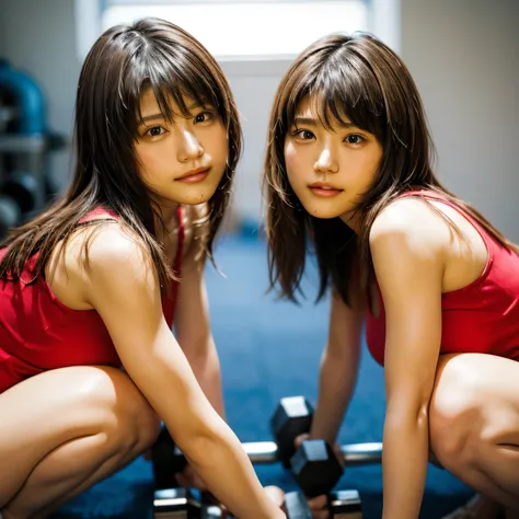 Beautiful identical twin sisters、(8K、Raw photo、highest quality、masterpiece:1.2)、(realistic、Photoreal:1.37)、Super detailed、超A high resolution、1 girl、There is a genuine uneven frame.、Kasumi Arimura、see the beholder、Beautiful and dense face、smile、narrow、(Musc...