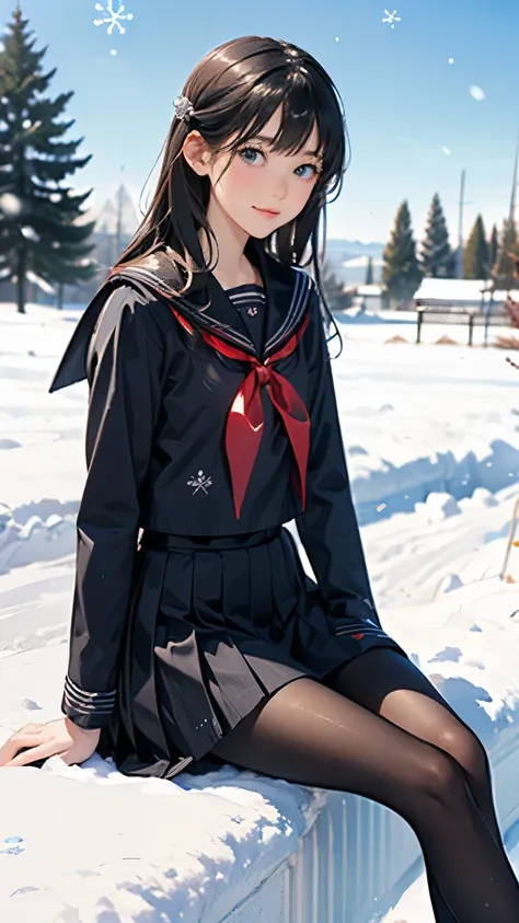 (((masterpiece))),((top quality)),one beautiful girl,bangs、(black sailor uniform:1.5)、red scarf、(black pantyhose)、(dark brown lo...