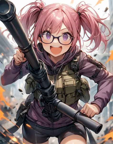 1girl, solo, hoodie, biker shorts, assault vest, (using weapon, bazooka), open mouth, wacky face, smile, :d, (pink hair, dark purple eyes, twintails, glasses)