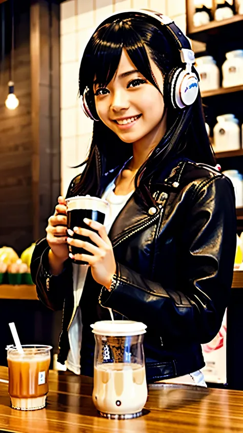 an anime girl，wearing leather jacket，with headphones，With a smile，sweet and cute，Making milk tea in a milk tea shop，There are a lot of milk tea ingredients and fruits on the table.，cyberpunk style