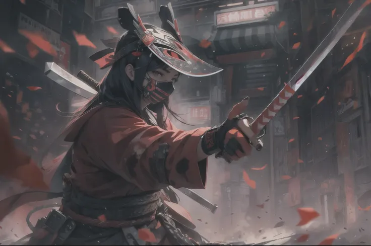 (best quality,photo-realistic),garota samurai,mask,long sword,fighting,blood,vivid colors,sharp focus