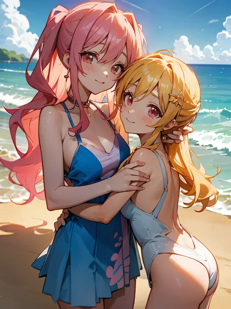 anime couple in swimsuits on beach with blue sky and clouds, shoujo romance, shoujo, shoujo manga, golden time, hana yata, shojo, visual novel key visual, gapmoe yandere, yuyushiki, slice of life anime, visual novel cg, official anime key media, shojo mang...