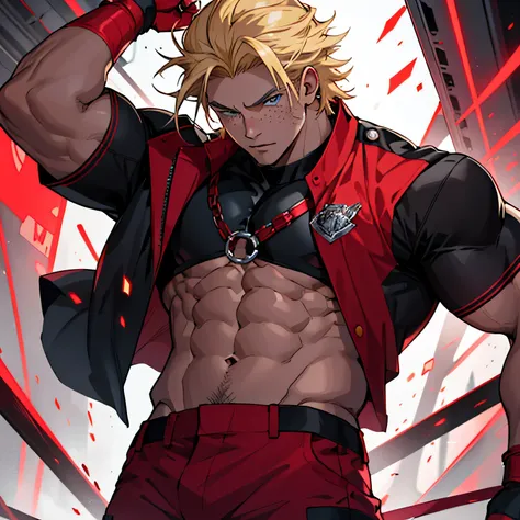  My hero Academy one boy character. With light freckles on the face,  muscular and toned and robust body, tall, blue eyes, clear and smooth skin, wavy semi-short blonde hair, scarlet red color lights and scarlet red color energies around. anime. Magic scar...