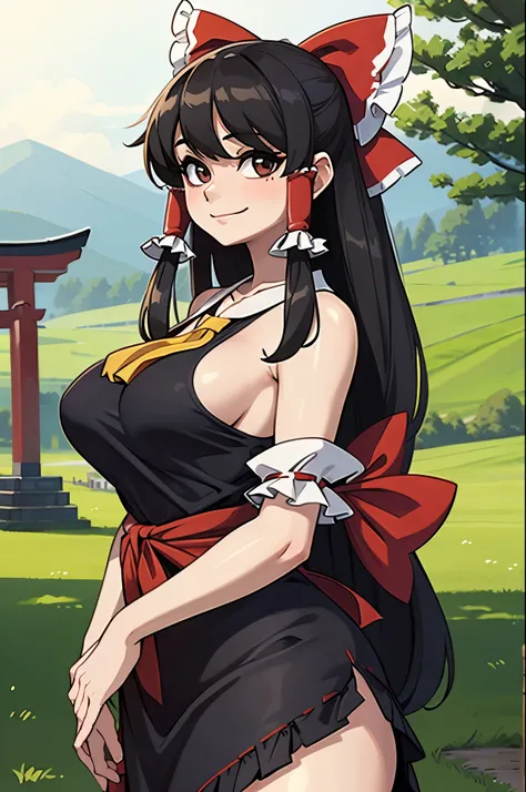 (masterpiece, official art), 1girl, solo, thick, curvy, curvaceous, black hair, black eyes, sidelocks, (reimu hakurei:1.2), (shrine maiden dress), (closeup), portrait, (medium breasts), standing, view from front, countryside, sunlight, looking at viewer, (...