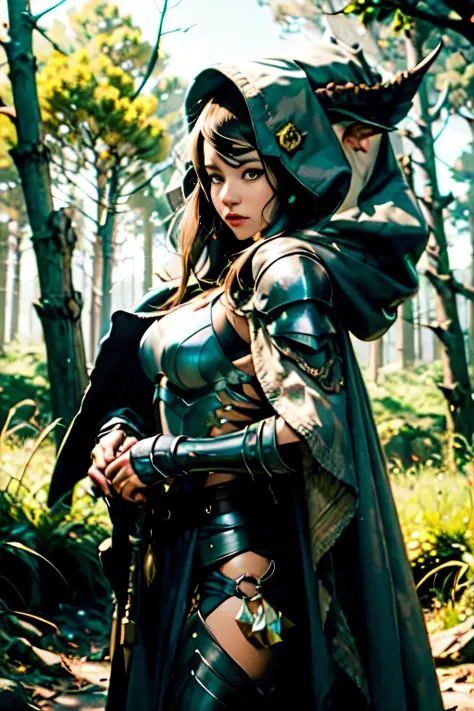 best quality , masterpiece, close up portrait, 1girl, elven armor, dark cloak hood over head, outdoors, nature, wilderness, look at viewer