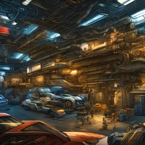 Create an illustration of a car parts and gun parts workshop, no estilo cyberpunk, with the entire interior of the place sampled