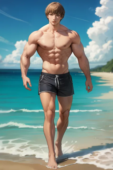 masterpiece, best quality, beach, looking at viewer, blue sky
man walking on the beach  , (man ) (shorts ) Long-haired, thin, afraid The man is very short. (Very thin) Skinny to the bone (So skinny that he doesnt have any muscles. )