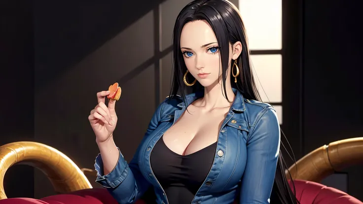 （（（完美figure，figure，Black T-shirt, denim jacket, denim shorts, （（（boa hancock，Dark long hair, combed with a chiffon hairstyle, slightly wide forehead smooth and flat, deep blue eyes, slender and delicate corners of the eyes, almond eyes exuding a hint of co...