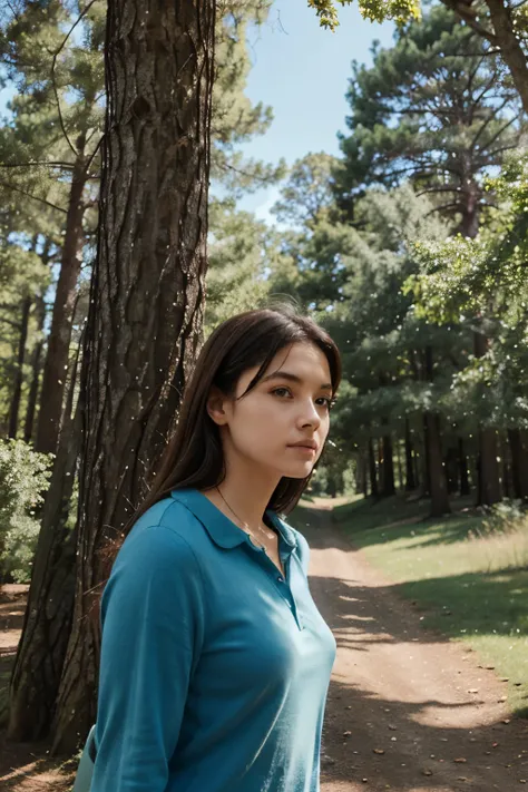 this same woman in an open environment with trees and blue sky