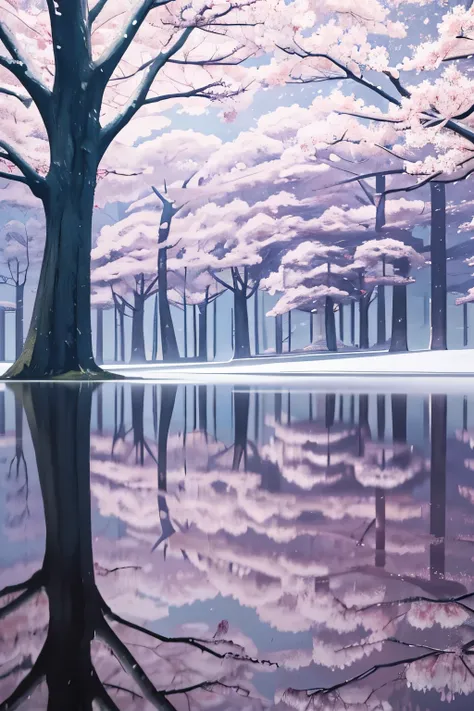 In this tranquil all-white landscape, a mesmerizing structure of mirrors stretches out, reflecting Sakura trees and their delicate pink blooms infinitely. The reflection creates a surreal and mysterious atmosphere, as if the boundary between reality and re...