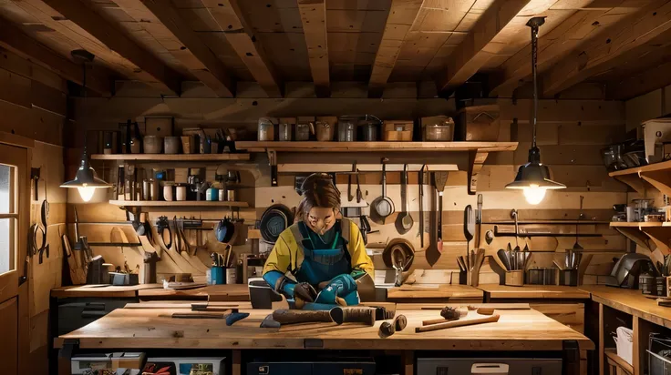 a detailed depiction of a sturdy workbench, equipped with various power tools and accessories, surrounded by a spacious and well-lit workshop. The workbench should be made of solid wood or metal, showcasing craftsmanship and strength. The surface should be...