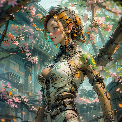 ((Create one girl 16+ years old.), (full height), (masterpiece, Best quality), (1 elf), (1 girl), (sexy), (One, bangs, dyed red hair) (White armor cyber skulls), (long black tights with gloves), (stands upright), (mysteriously))_((green:1.5, orange:1.1, wh...
