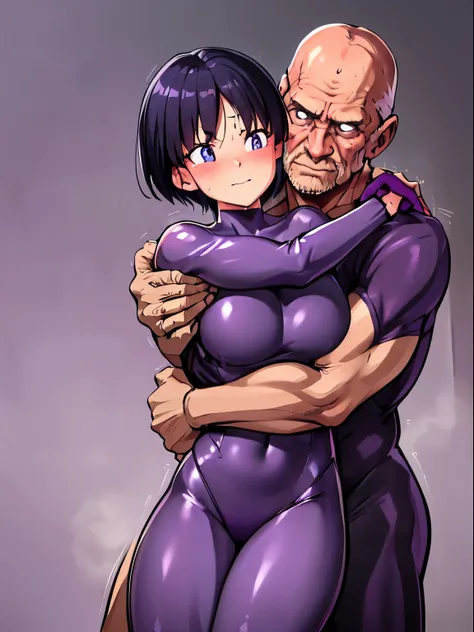 full body figure,He saw,1 girl,alone,((bright purple tight suit,:1.4)),barefoot,bare hands,((Hugged by an old man:1.4)),blush,embarrassing,shy,blue eyes,Sweat,black hair,spike hair,boyish girl,big breasts,prison,Sigh,please open your mouth wide,Feels good,...