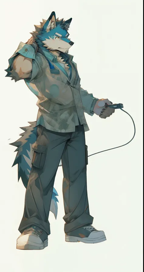  human wolf, furry man wearing tail, Ferson!!!!, Holding headphones, , Super tail,  as an anime character, Universal furry style, furry anime, Ferson wearing stylish clothes, furry Ferson