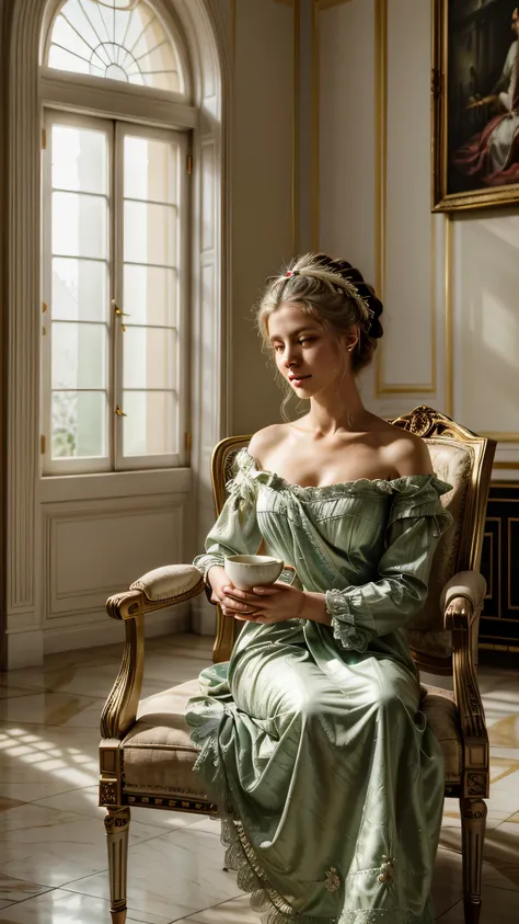 In a hyper-realistic painting bathed in soft afternoon sunlight, Marie-Antoinette, Queen of France under the Ancien Régime, sits gracefully in a gilded armchair in the opulent salon of the Petit Trianon.  She is dressed in a fine silk gown, the pastel colo...