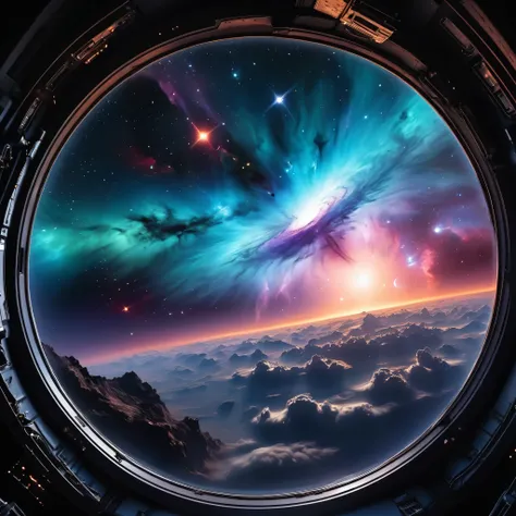 Looking through the glass shield of a spaceships cockpit window, the mesmerizing beauty of a nebulous cosmic scene unfolds. Boundless expanses of velvet-black space filled with glowing oxygen-rich gas clouds. Aulating menacingly at the nebulas center, a co...