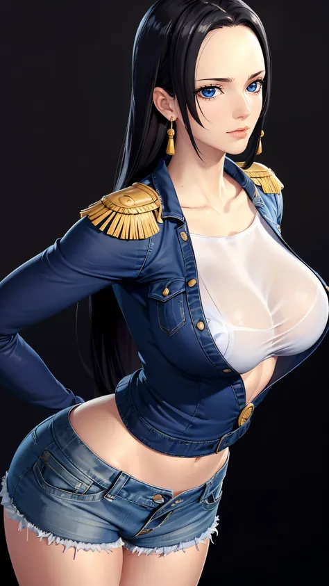 （（（完美figure，figure，black shirt, denim jacket, denim shorts, （（（boa hancock，dark long hair, combed with a chiffon hairstyle, slig...