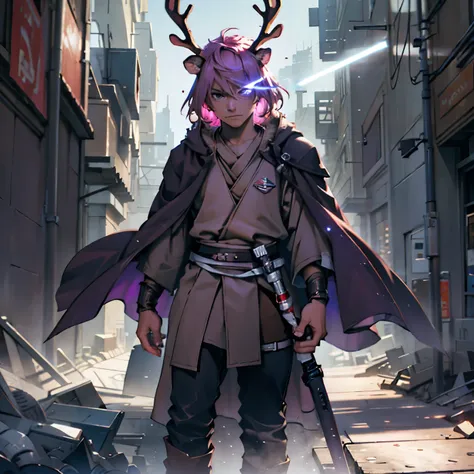 young male, jedi, purple cloak, fur hood, (( deer antlers )), pink hair, short hair, purple eyes, plate armor, handsome, standin...