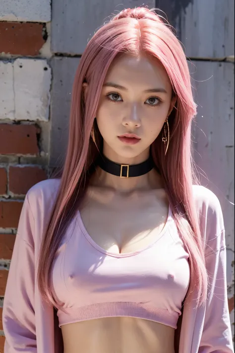 (masterpiece, best quality, 1girl, solo, intricate details, chromatic aberration), realistic, ((medium breath)),long hair, pink hair, red head ornament, pink highlights, hair over one eye,purple eyes, earrings, sharp eyes, choker, neon shirt, open jacket, ...