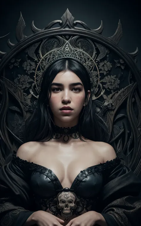 (Dua Lipa) is a beautiful charming vampire queen sitting on a throne, carved out of dark smoke, pale skin,dark fantasy background, black, circular colored smoke, waves of shadows at night, abstract skull ornaments, messy hair, soft colors, flat 4d street a...