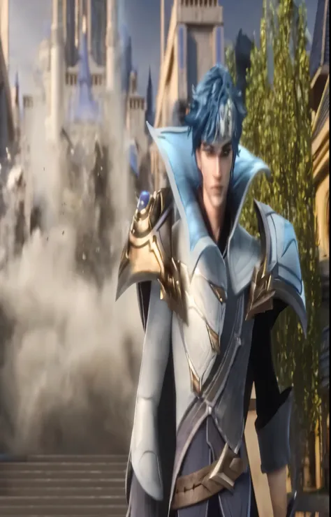 a close up of a person in a blue outfit with a sword, unreal engine render saint seiya, shadowbringers cinematic, fire emblem, beautiful male elf, realistic