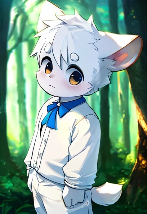 male,(rabbit),white hair,forest,Sunlight,Perfect light,hairy,animal ears,Tail,Standing posture,Standing very close,young,one person,Facing the camera,portrait,White clothes,white pants,front,