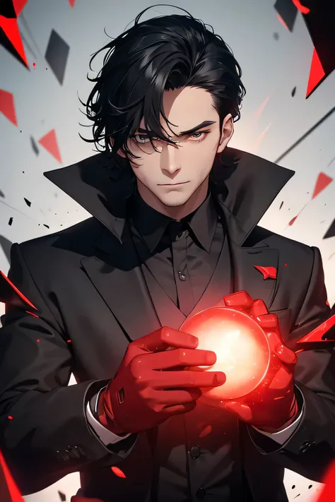 A man in a black suit with red gloves as well as black hair and red particles float around him